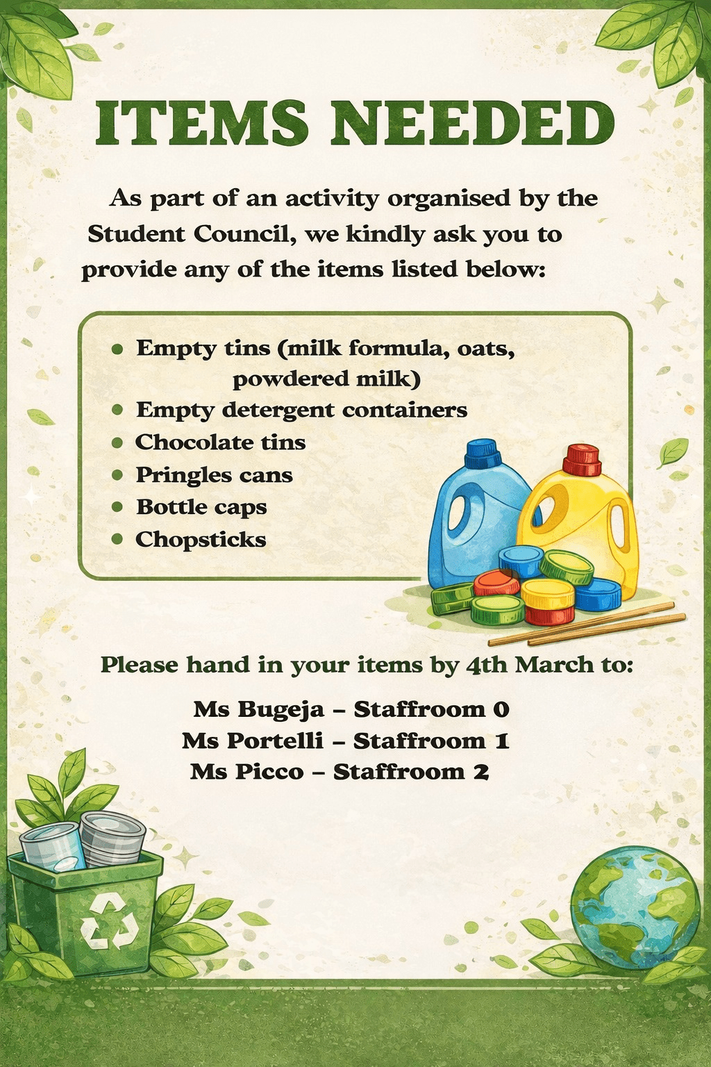 🌿 ITEMS NEEDED – Let’s Get Recycling!&nbsp;♻️